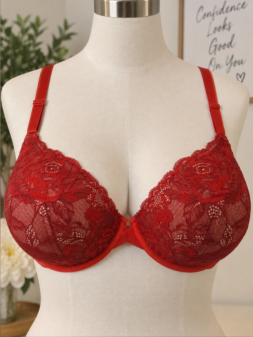 Torrid Red Lace Push-Up Plunge Bra; Size 42DD; Floral Lace Underwire